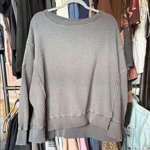 aerie Gray Waffle-Knit Crewneck Sweater